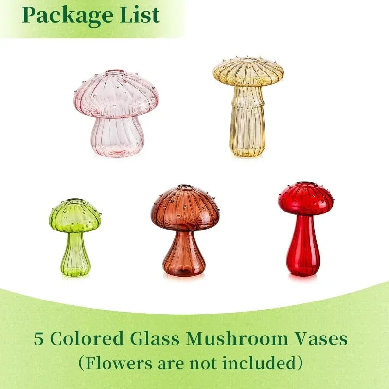 Mushroom shaped glass vases in green, coffee and red colors displayed for decoration