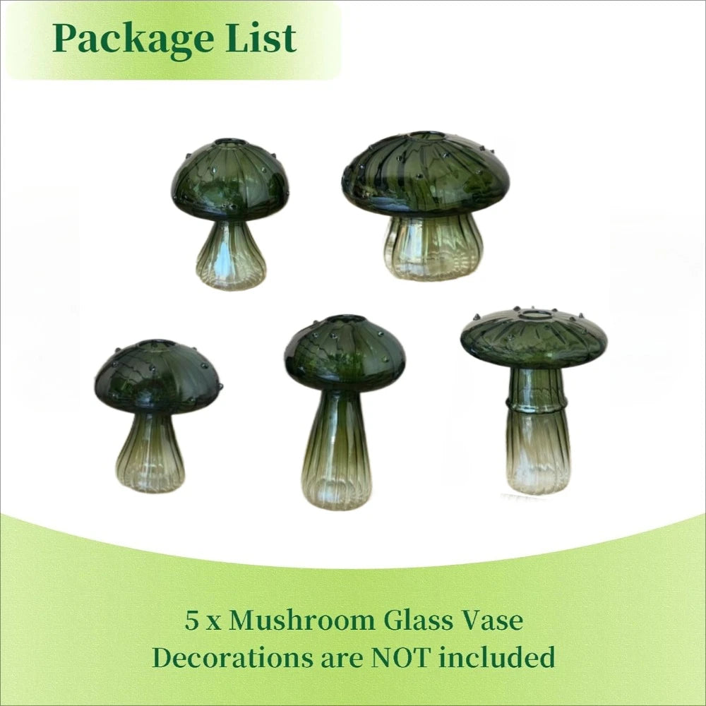 Mushroom shaped glass vases in green, coffee  displayed for decoration