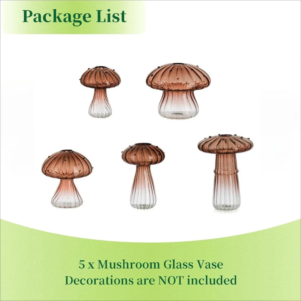 Mushroom shaped glass vases in green, coffee and red colors displayed for decoration