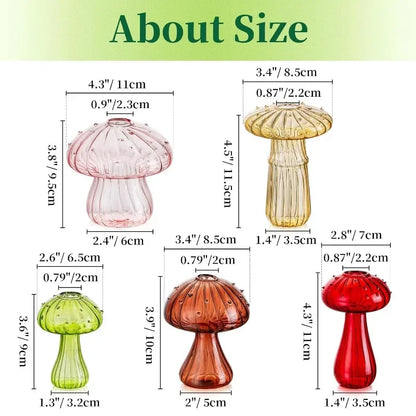 Dimension chart of mushroom glass vases showing sizes and measurements of each piece