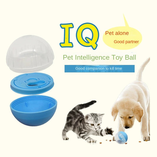 Blue interactive pet feeder toy ball shown in set with cat and dog