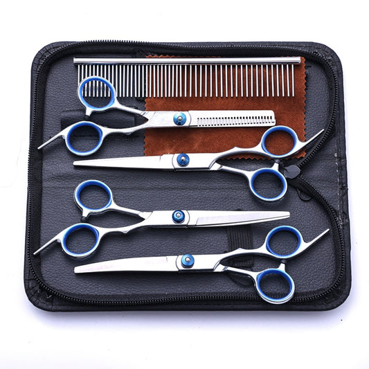 Pet grooming scissors set in blue hat and blue circle style with comb in case