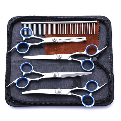 Pet grooming scissors set in white hat and blue circle style with comb in case