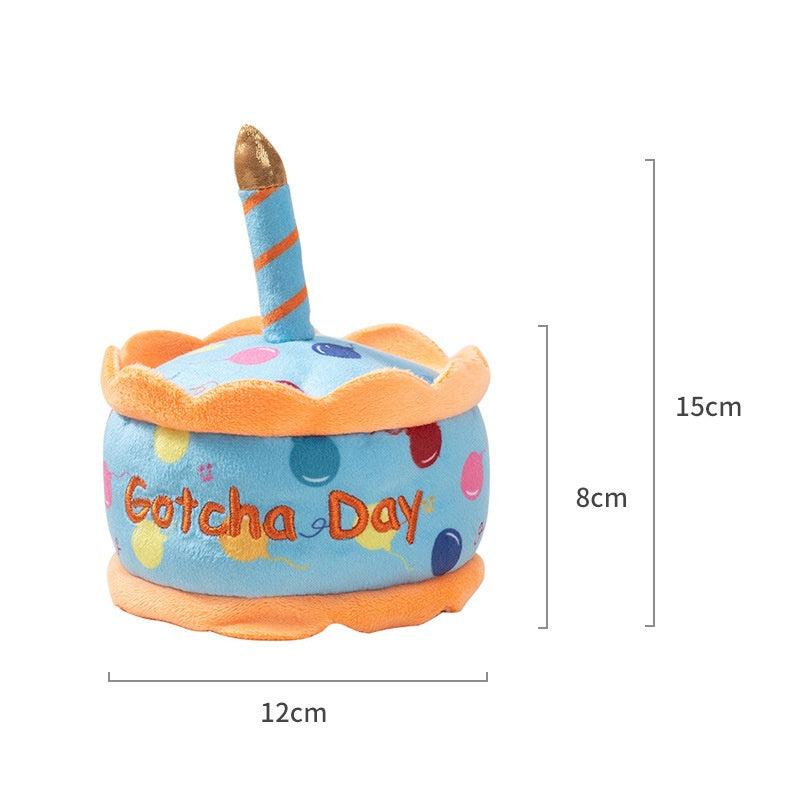 Gotcha Day plush pet birthday cake toy with single candle and size details