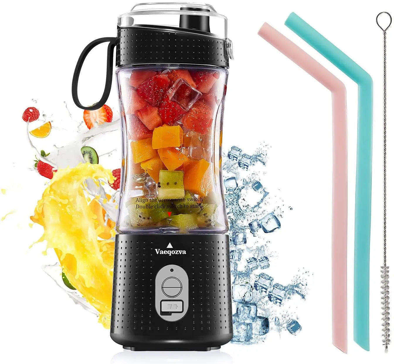 Black portable electric blender with a 380 ml cup and reusable straws for smoothies.