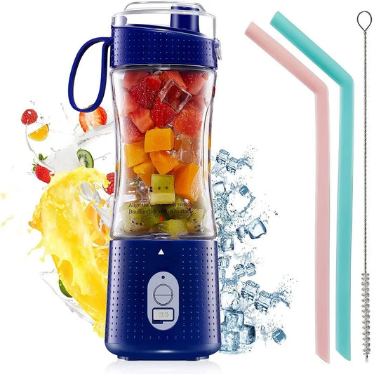Blue portable electric blender with a 380 ml Tritan cup and reusable straws for smoothies on the go.