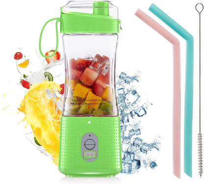 Green portable electric blender with a 380 ml cup and reusable straws for travel drinks.