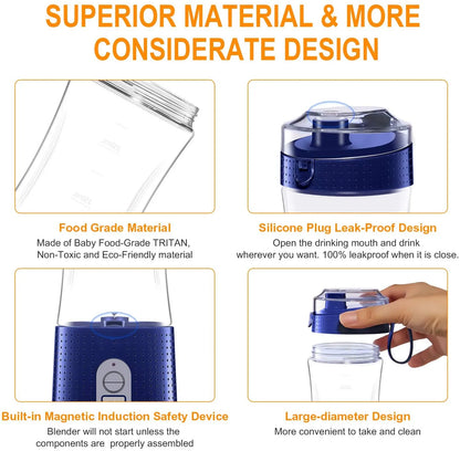 Material and design details showing the Tritan cup, leak-proof lid, and safety lock.