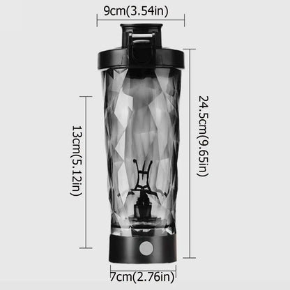 Black portable protein shaker bottle with measurement dimensions