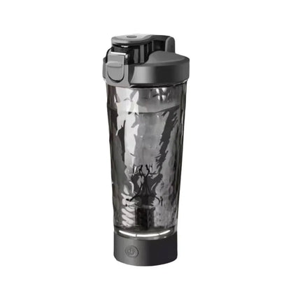 Black portable protein shaker bottle with clear mixing chamber