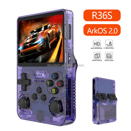 Purple R36S handheld game console showing front and back view