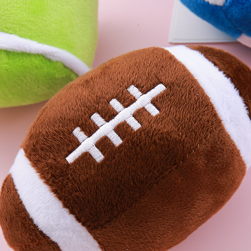 Close-up of brown football-style simulation dog toy