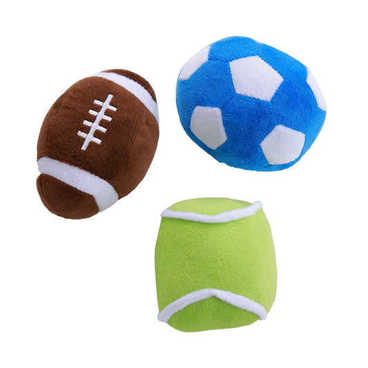 Set of simulation dog toys in football, soccer, and olive ball designs