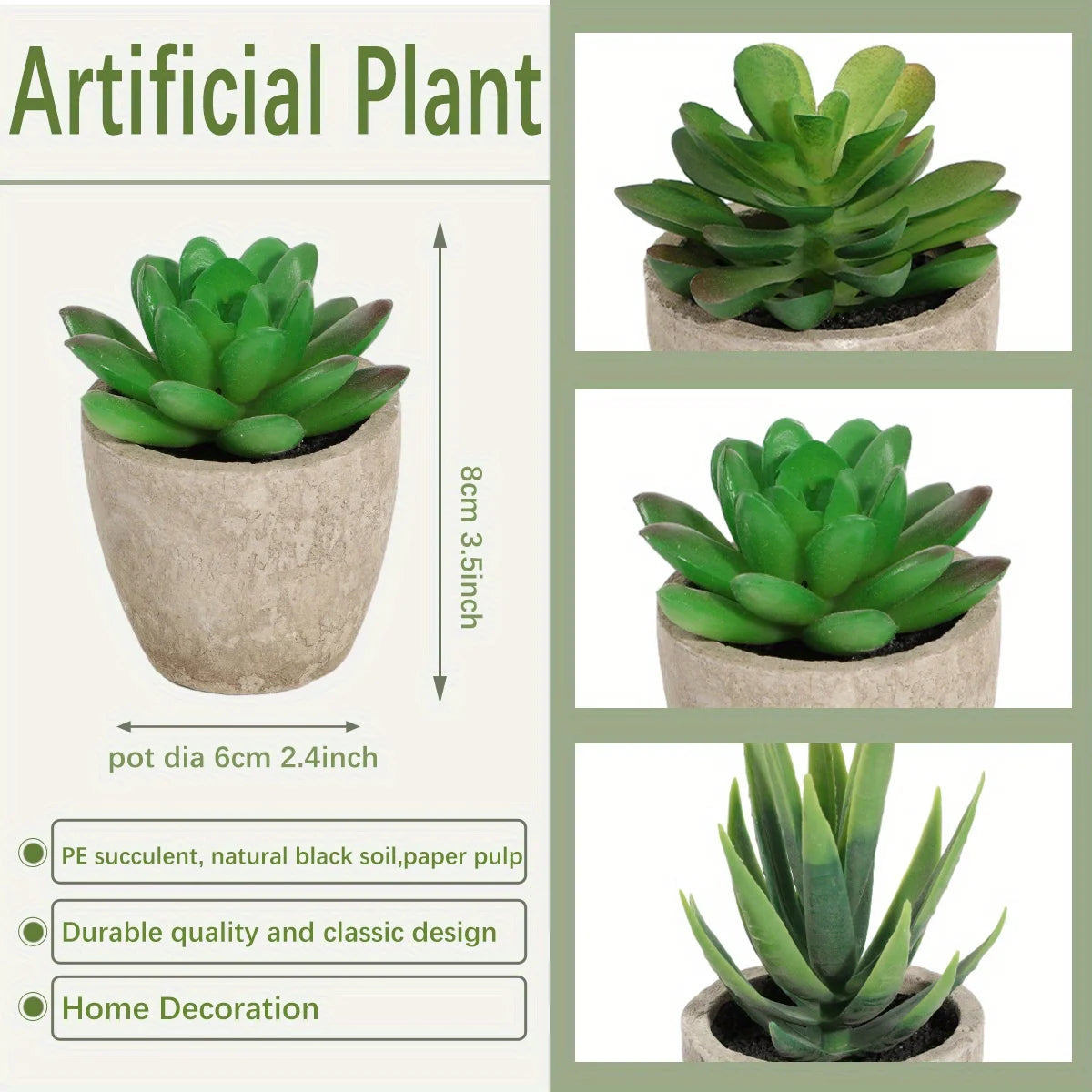 Care guide layout showing artificial succulent planter indoor in gray ceramic pots
