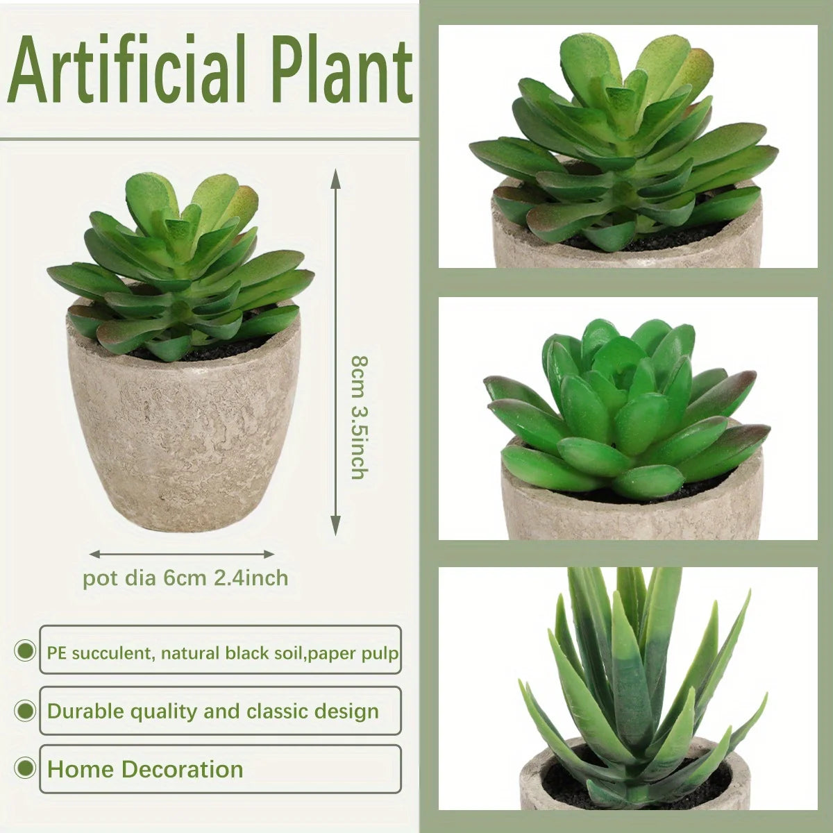 Second care guide layout with artificial succulent planter indoor in gray ceramic pots