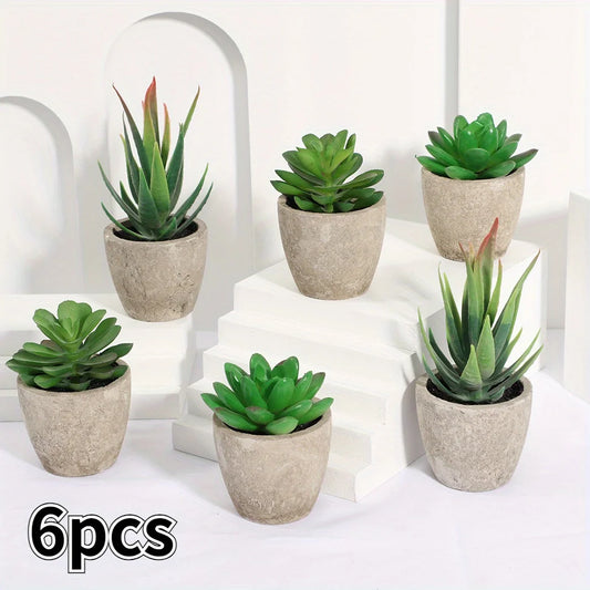 Six-piece artificial succulent planter indoor set in gray ceramic pots