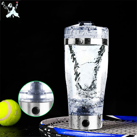 Electric stirring mug in silver with clear body shown from the front