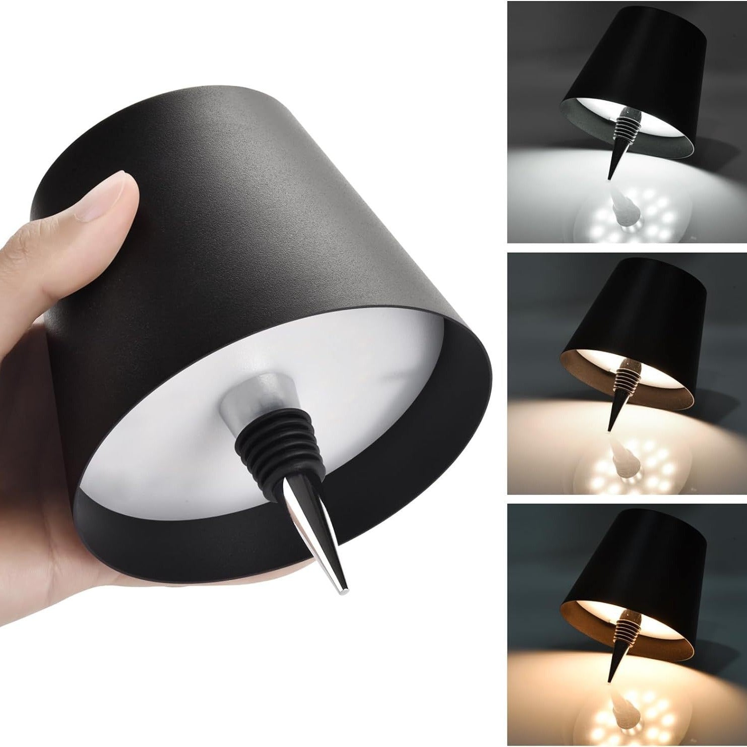 Black wine bottle cap desk lamp showing installation process with plastic lamp holder