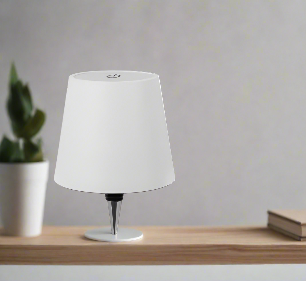 White lamp with dimensions and light color options on a white background